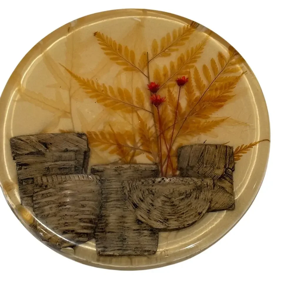 Vintage Lucite kitchen decor dried pressed flowers 1970’s trivet & spoon rest